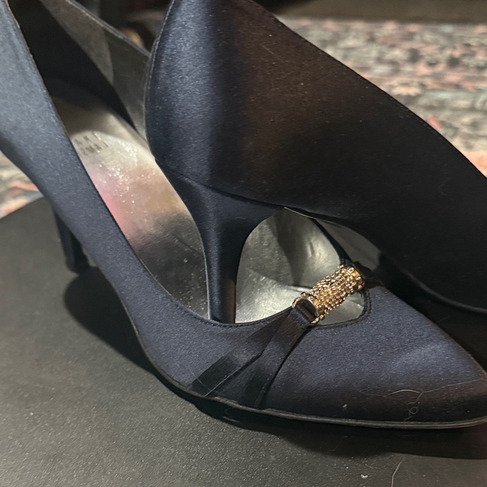 Stuart Weitzman navy blue holiday evening Satin Heels with bling sparkle